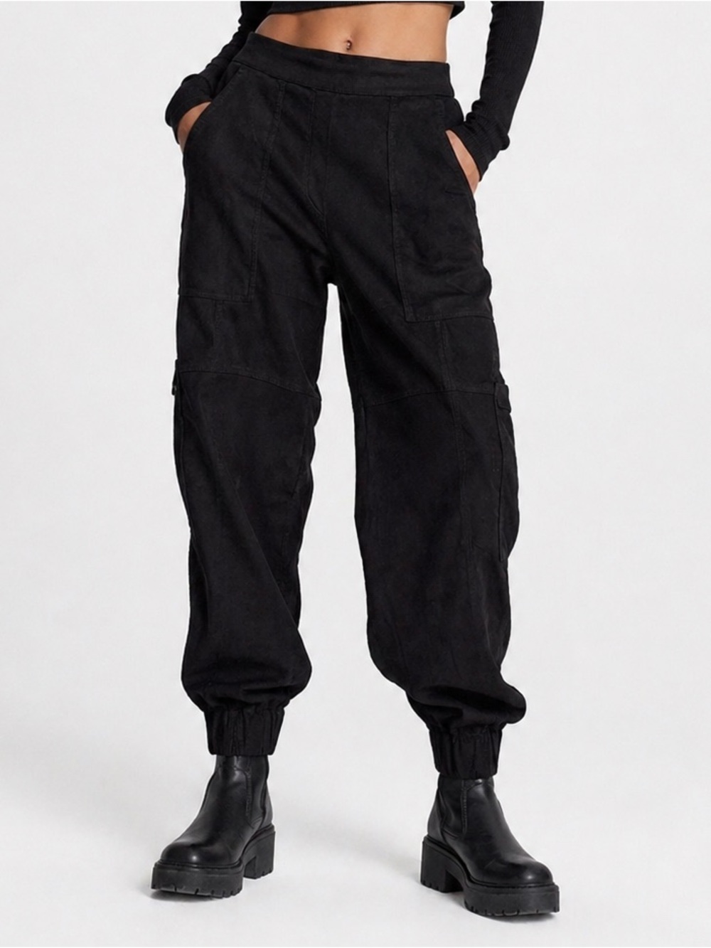 alembika pull on jogger faux suede black cargo sz S XS 2/4